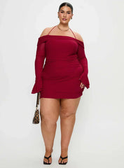 Taylon Off Shoulder Long Sleeve Mini Dress Red Curve