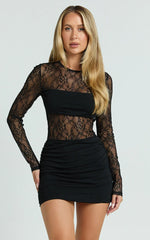 Imelda Mini Dress - Contrast Lace Long Sleeve Ruched Bodycon Dress in Black