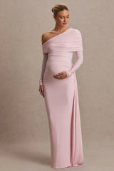 Amara | Blush Pink Asymmetric-Neck Maternity Maxi Dress With Sash Detail
