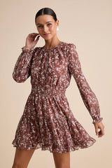 Too Cute Brown Floral Print Smocked Long Sleeve Mini Dress
