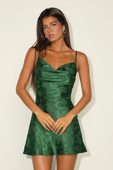 Close to Your Heart Emerald Green Satin Jacquard Cowl Slip Dress