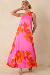 No Introduction Pink Multi Floral Print Satin One Shoulder Maxi Dress