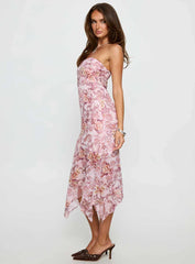 Coralis Strapless Asymmetrical Midi Dress Pink Paisley