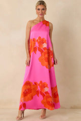 No Introduction Pink Multi Floral Print Satin One Shoulder Maxi Dress