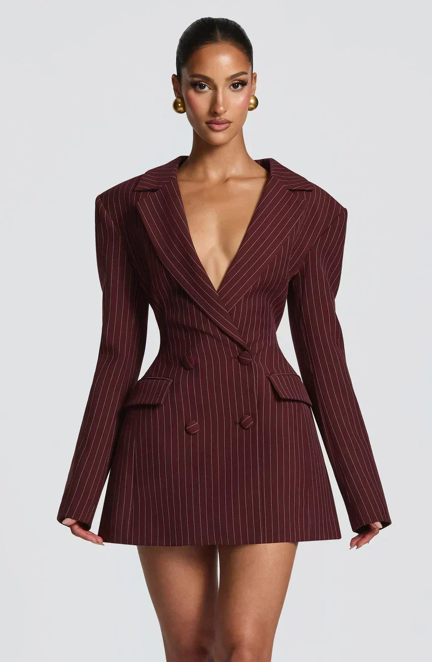 Elvira Mini Dress - Burgundy Pinstripe