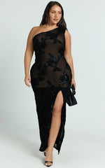 Shelby Maxi Dress - One Shoulder Rosette Fitted Applique Dress in Black