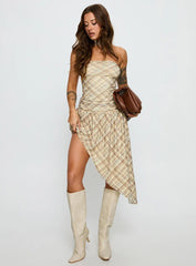 Cambria Strapless Scarf Midi Dress Yellow Check