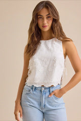 Solid Embroidered Sleeveless Round Neck Crop Top
