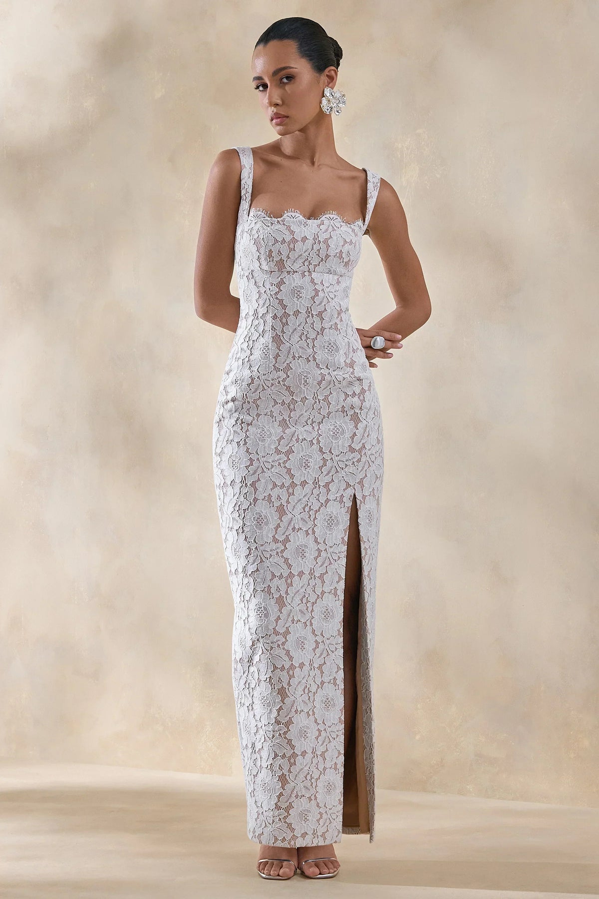 Zarisse | White Lace Square-Neck Maxi Dress