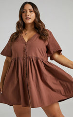 Staycation Mini Dress - Smock Button Up Dress in Chocolate