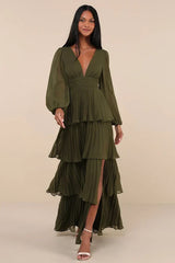 Graceful Finesse Olive Green Pleated Long Sleeve Maxi Dress
