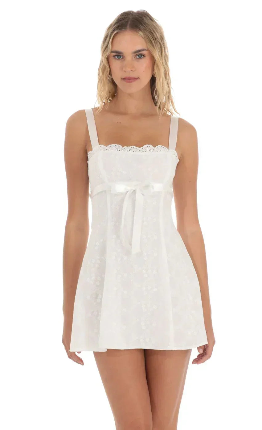 Ribbon Embroidered Floral Dress in White