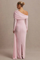 Amara | Blush Pink Asymmetric-Neck Maternity Maxi Dress With Sash Detail