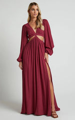 Paige Maxi Dress - Side Cut Out Balloon Sleeve Dress in Mulberry