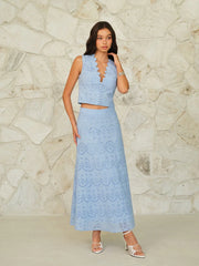 Scalloped Neckline Button-Front Eyelet Crop Top