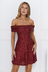 Glittering Dreams Sequin Off Shoulder Mini Dress Burgundy