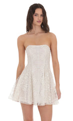 Gold Thread Strapless Fit and Flare Dress in Ivory